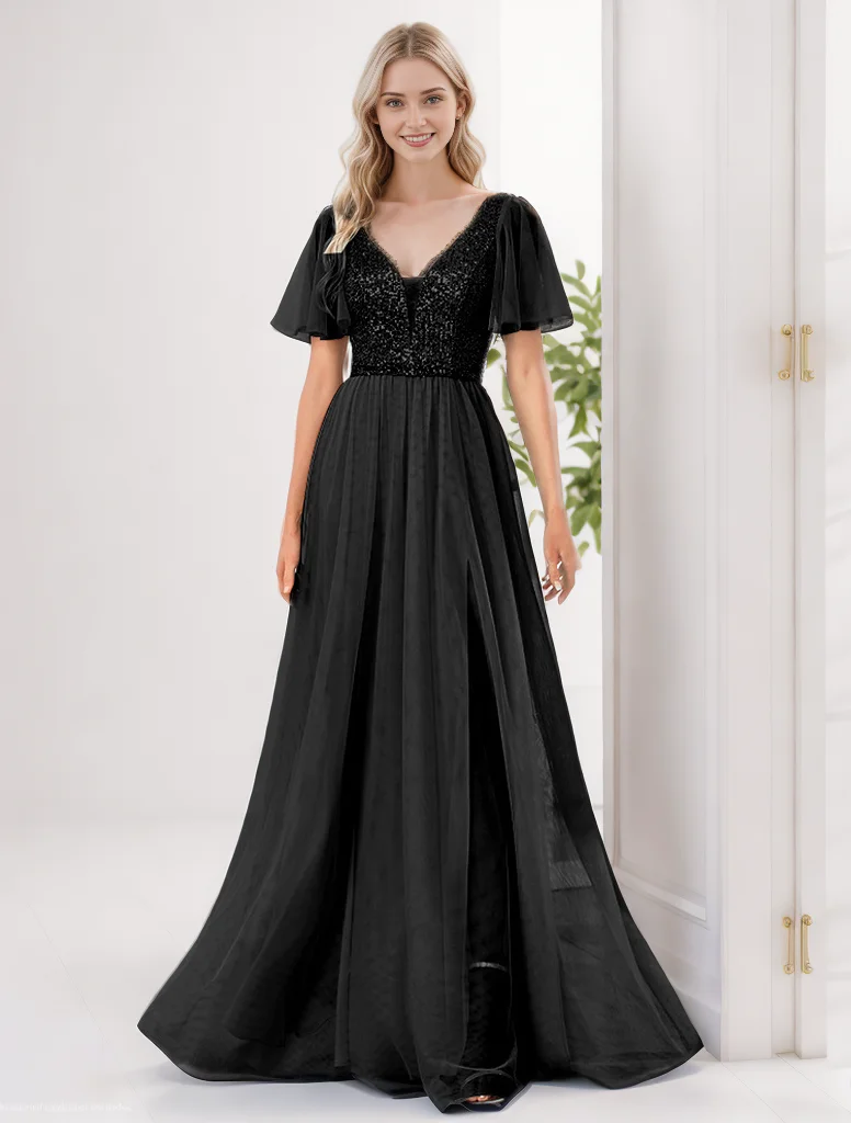 Ladies Sequined V-neck Evening Dress Short-Sleeved Banquet Mesh Big Swing Skirt for Graduation Performance Sexy Long Skirt