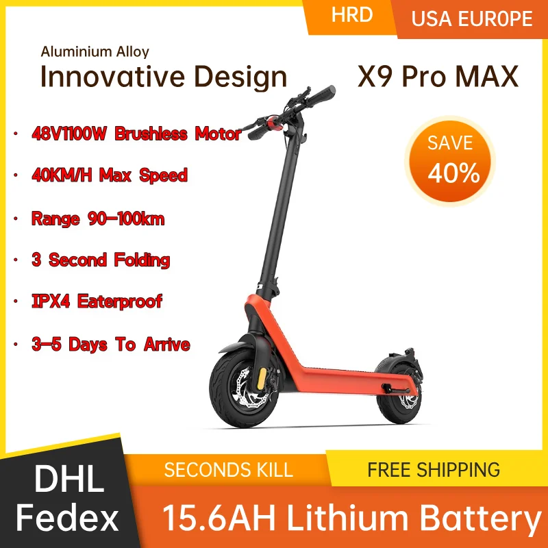 Fast Foldable X9 City E-Scooters Aluminium 15.6AH li-ion battery 1100W Range 100km off-Road Mobility Electric Scooter for Adult