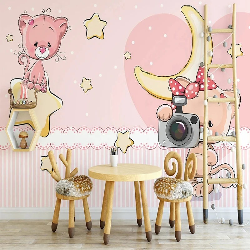 

Custom Large Mural Wallpaper 3D Pink Little Bear Moon Stars Wall Painting for Children's Bedroom Girls Princess Room Decoration