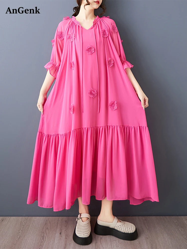 NOVEDAD DE VERANO 2021, vestidos florales Vintage rojos de gran tamaño para mujer, vestido largo informal holgado de manga corta, bata, ropa elegante de moda