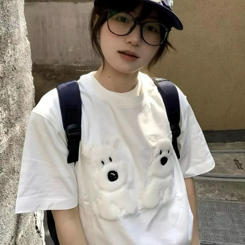 2025 Summer New Round Neck Korean Style Embroidery Streetwear Chic Cute Puppy Casual Versatile Short-sleeved T-shirt