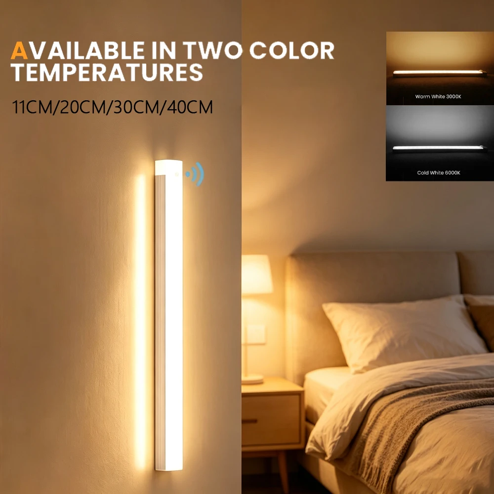 PIR Motion Sensor LED Under Cabinet Lights USB Rechargeable 3000K 6000K Bedroom Wardrobe Kitchen Night Lighting 20cm/30cm/40cm