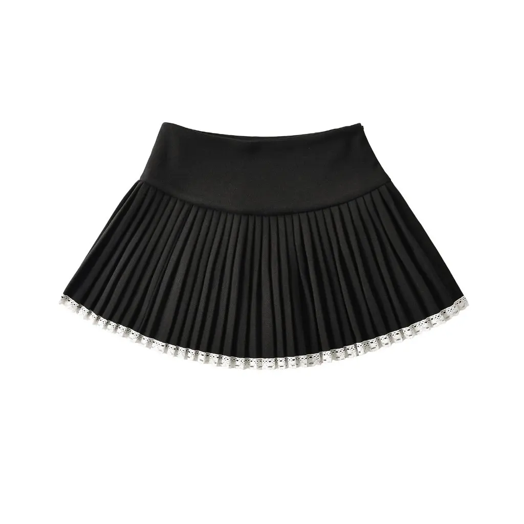 

Women's High Waist Pleated Skirt Lace Stitching Woolen A-Line Slimming Autumn Winter Hot Girls Anti-glare Age-reducing Skirt