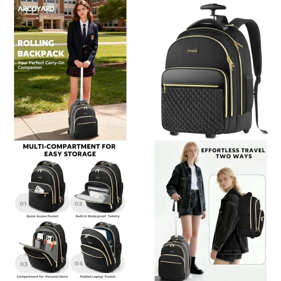 

Rolling Backpack for Women, 15 inch Lightweight Wheeled Roller Laptop Backpack for Adults, Water Resistant Underseat Carry On L
