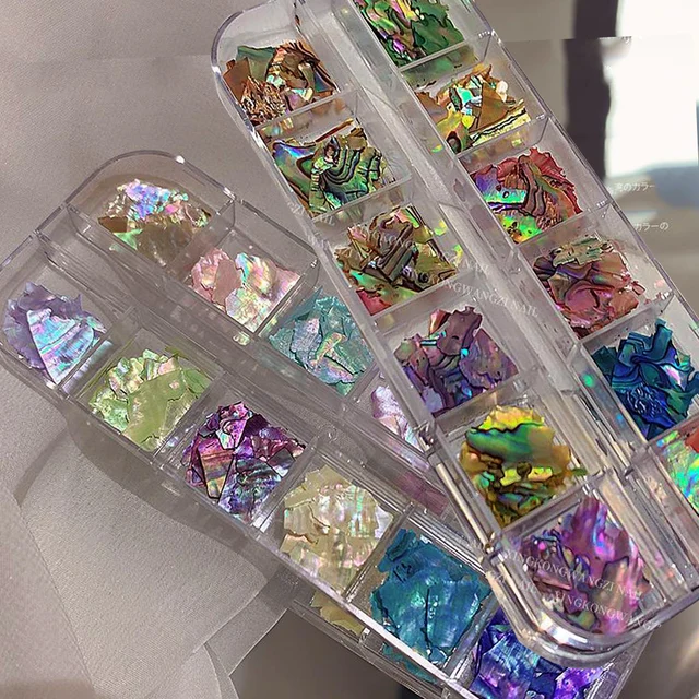 Nieregularne płatki do zdobienia paznokci z muszli Abalone 12 siatek/pudełko Naturalne plastry muszli morskich Charms do paznokci 3D błyszczące muszle cekiny płatki do Manicure