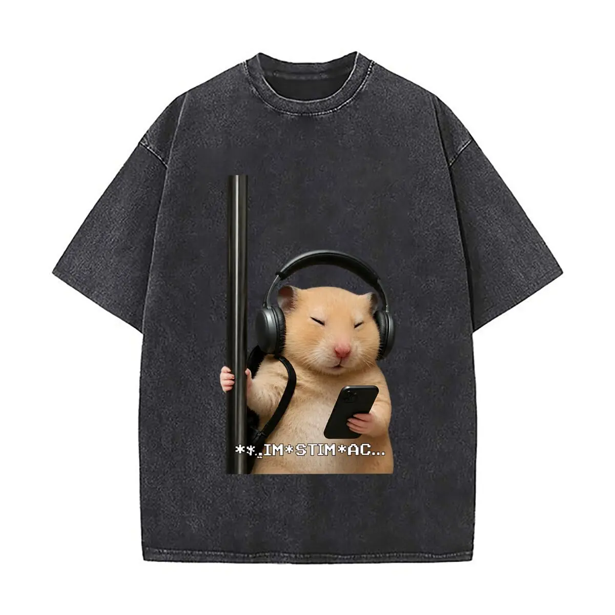 Funny Hamster Wearing Headphones Holding Phone Washed Distressed Loose Streetwear Tops for City Walks