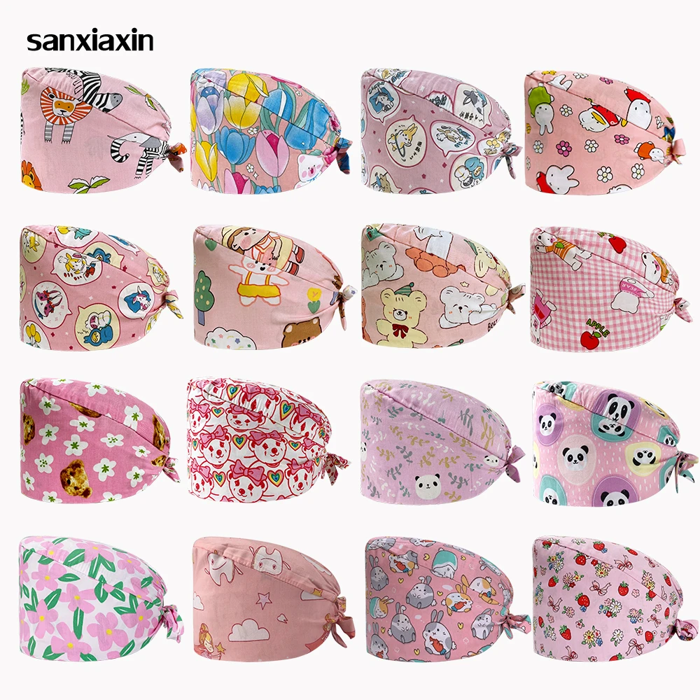 Pink Cartoon Printing Scrubs Cap Medical Work Hat Nurse Accessories 100%Cotton Surgical Nursing Cap Quality Inner Sweatband Hat