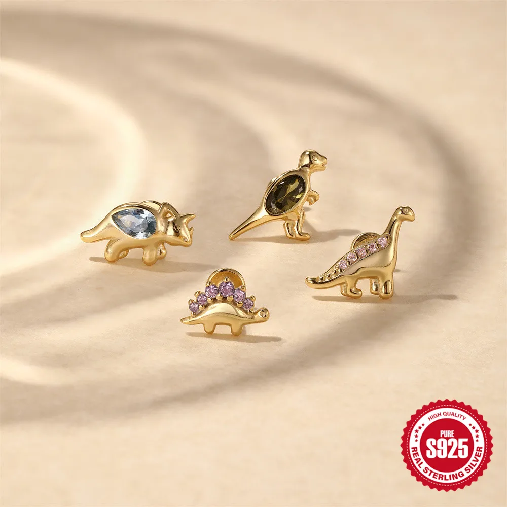 ROXI 925 argent Sterling coloré zircone dessin animé amusant dinosaures pour femme Piercing boucle d'oreille personnalités délicates Pop vent