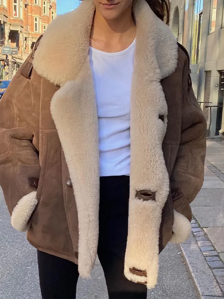 2024 Winter Thick Fluffy Coat For Women Vintage Big Lapel Long Sleeve Single Breasted Outerwear Chic Female Street Warm Tops