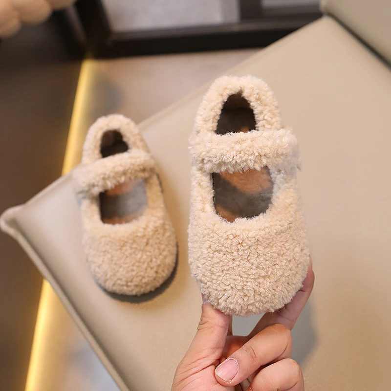 Fashion Children Fur Slippers 2023 Retro Round Head Cotton Baby Girl Princess Winter Plush Warm Home Shoes Non-slip Kids Sneaker