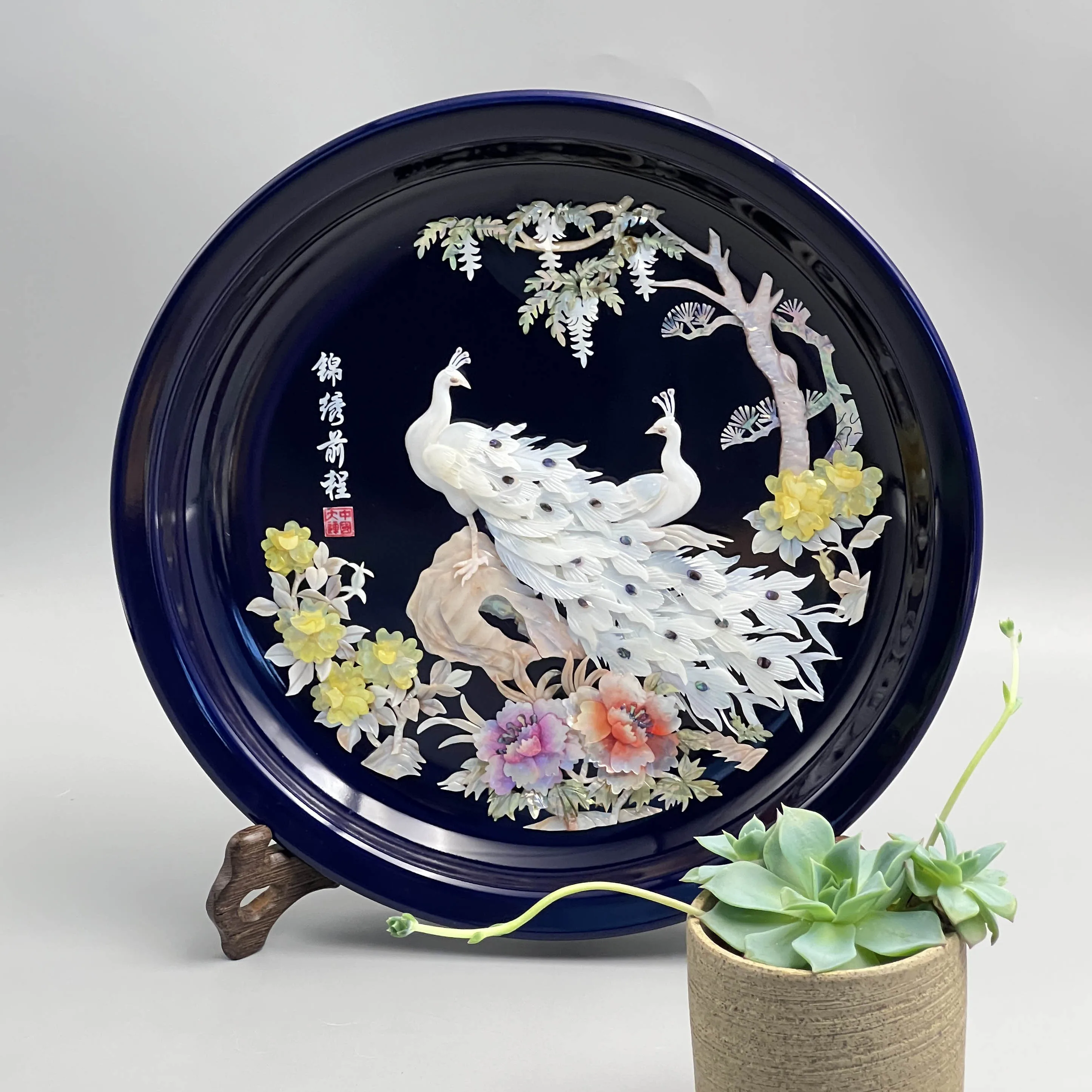 100% Handcrafted Natural Shell Peacock Plate Decoration, home ornament for entryway, living room & office, great holiday gift.