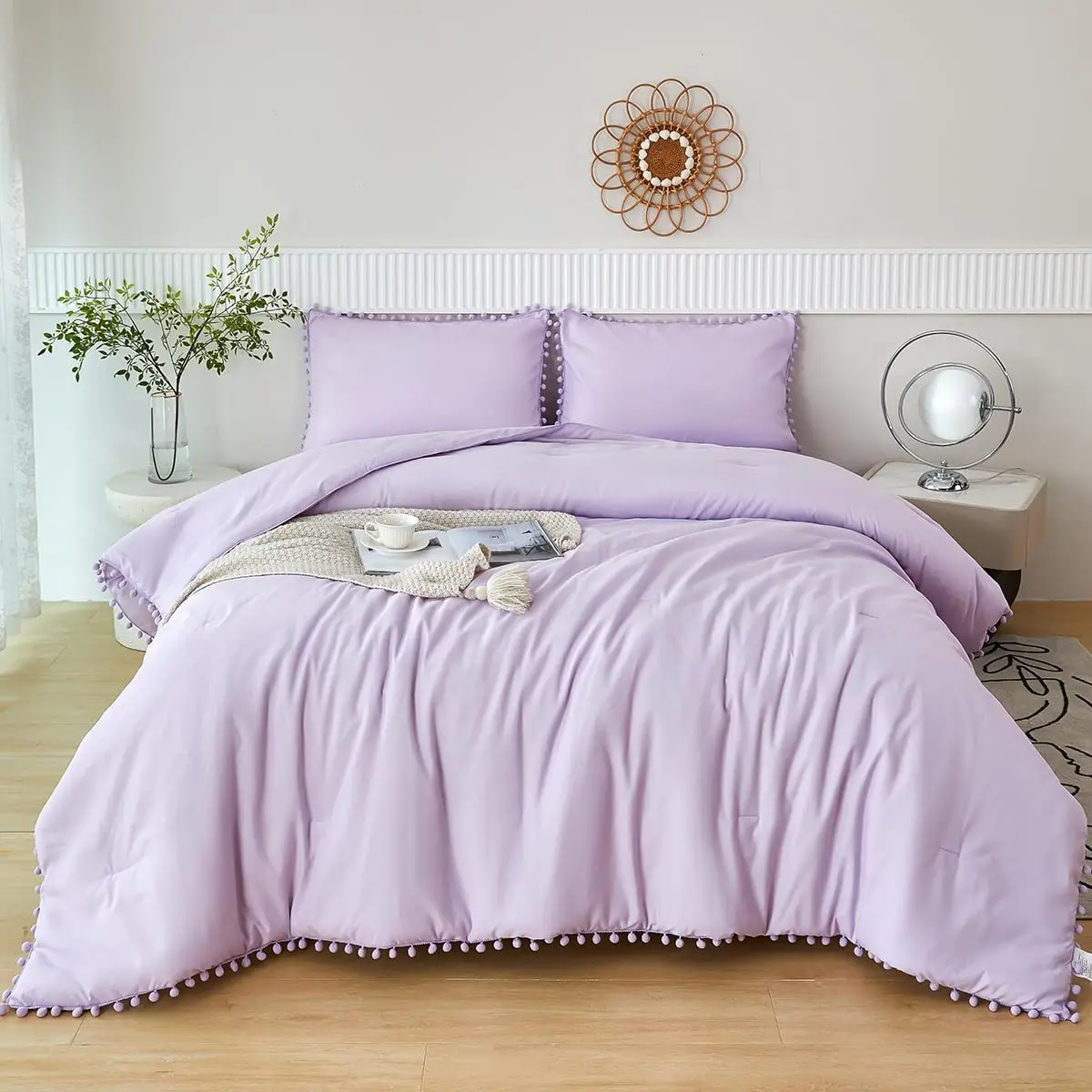 Conjunto de Edredom Boho Roxo Lavanda de 5 Peças com Pompons, Tamanho Twin, Roupa de Cama de Microfibra para Meninas