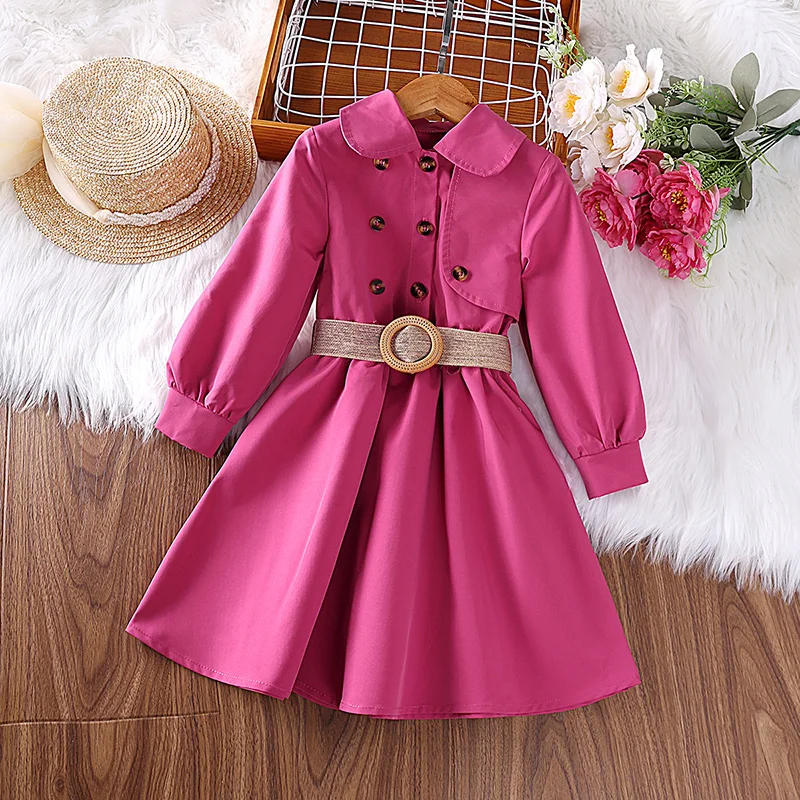 Dress Baby Girl 4-7 Years Little Girl Rose Red Trench Dress With Long Sleeves Stylish Girls Korean Casual Vacation Gress