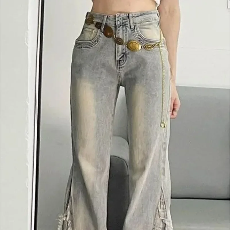 بنطلون جينز نسائي أمريكي ريترو عالي الخصر متوهج بتصميم مرقع مهدب، سروال مستقيم نحيف وتنحيف على شكل حدوة حصان