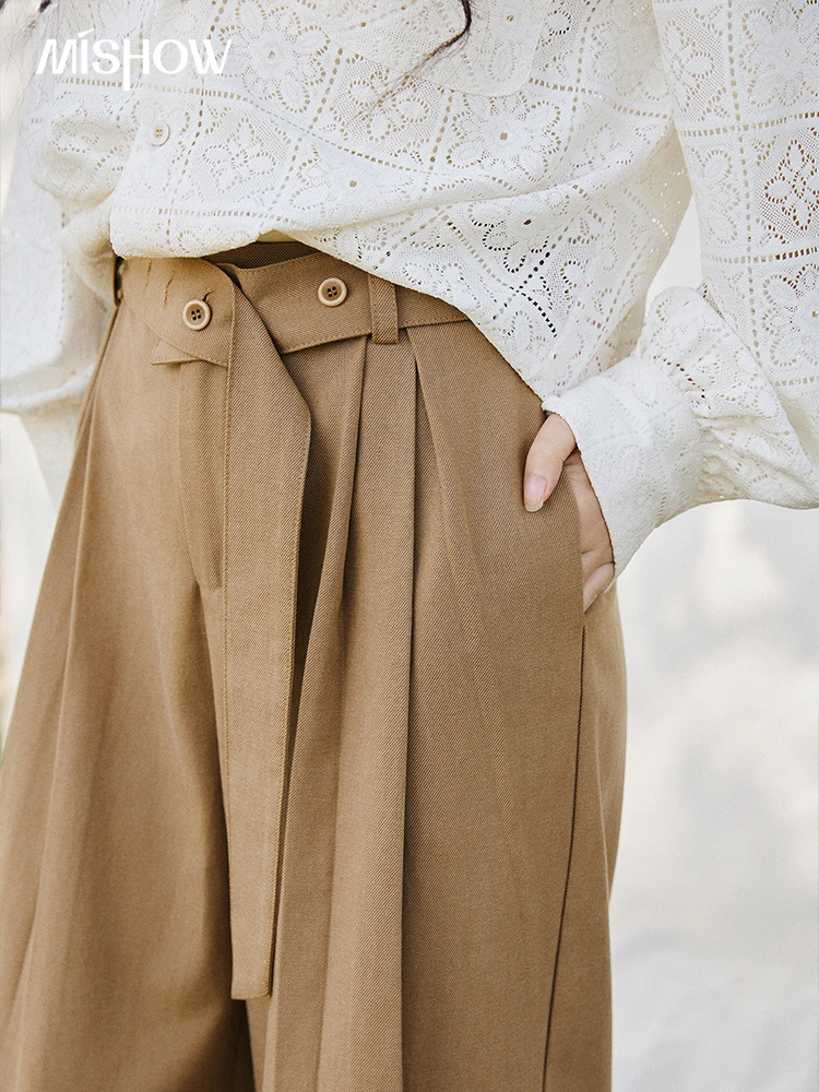 MISHOW Women's High Waist Wide Leg Pants 2026 Spring Pleated Detail Belted Waist Pants Casual Loose Khaki Trousers MXF108K1011
