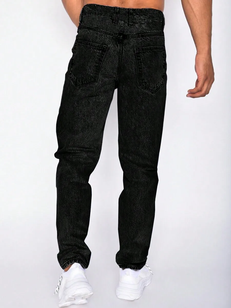 Mens Casual Distressed Slanted Pocket Tapered Leg Jeans