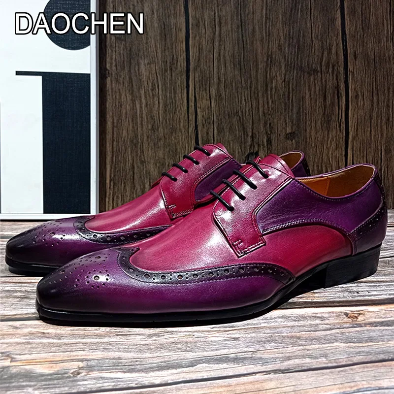 

LUXURY MEN LEATHER SHOES PURPLE RED LACE UP POINTED TOE BROGUE DERBY OXFORD MAN SHOE OFFICE WEDDING DRESS CASUAL SHOES FOR MEN