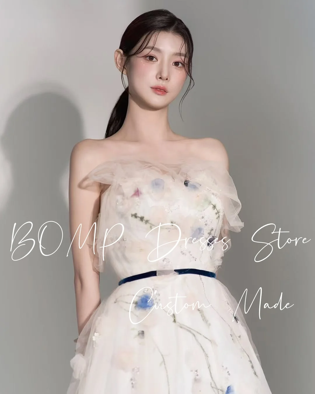 BOMP princesse fleurs robe de soirée de mariage sans bretelles a-ligne longueur de plancher Tulle corée séance Photo robe de mariée personnalisé Pastrol