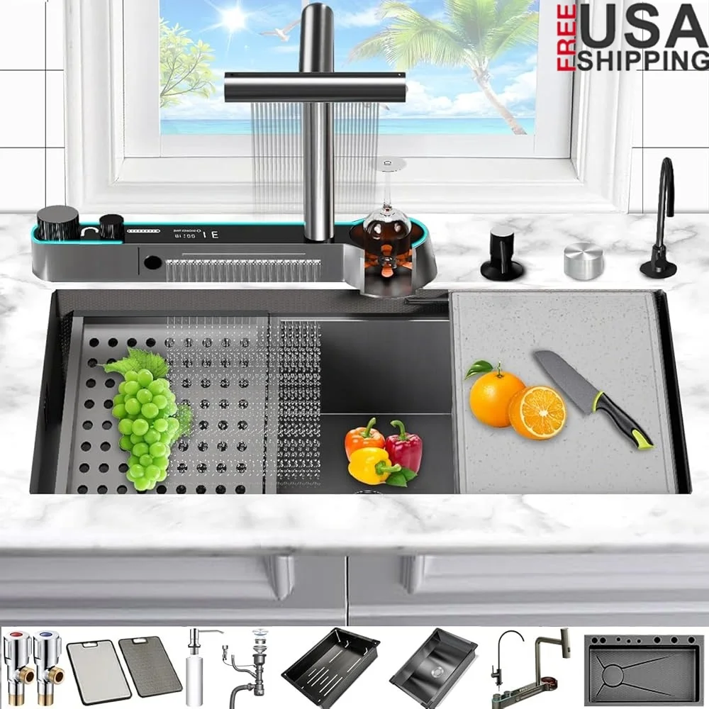 

33 Inch Drop In Kitchen Sink Workstation with Faucet Combo Stainless Steel Single Bowl Utility Sink with Cup Washer and Soap