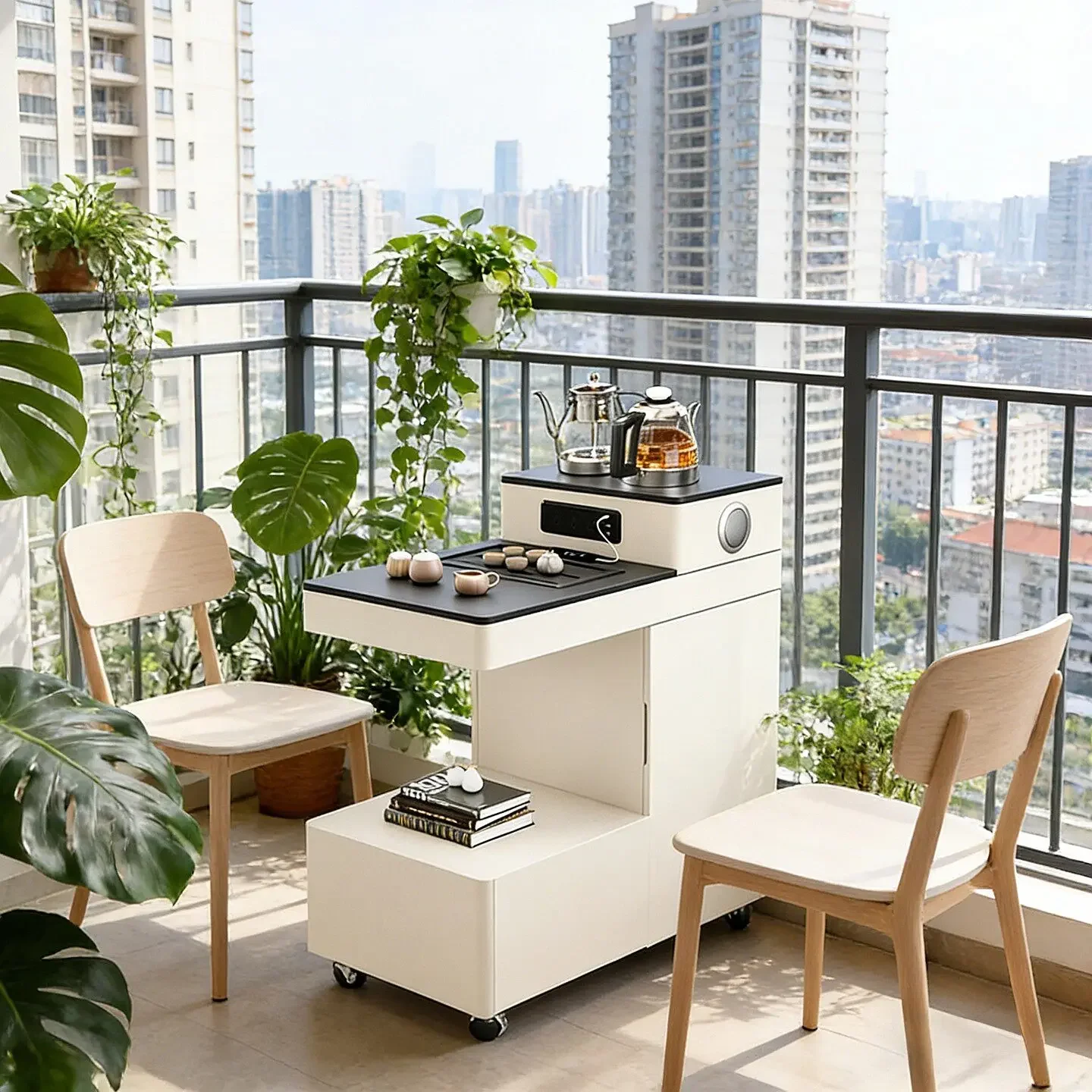Solid wood balcony tea table cabinet small apartment movable small tea cart light luxury household kettle integrated sofa side c