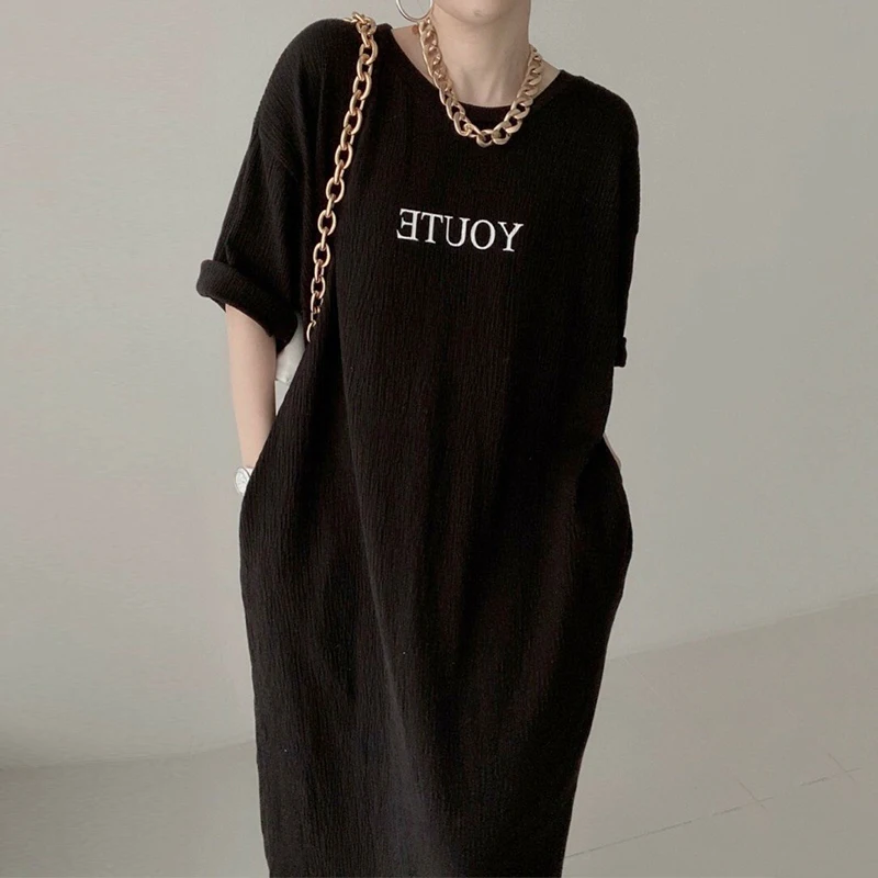 Casual rotondo Ne Lettera Stampa Design pieghettato Allentato ort Sve Split Dr Donna Faionable Pendolarismo Coreano Sle Long Dr