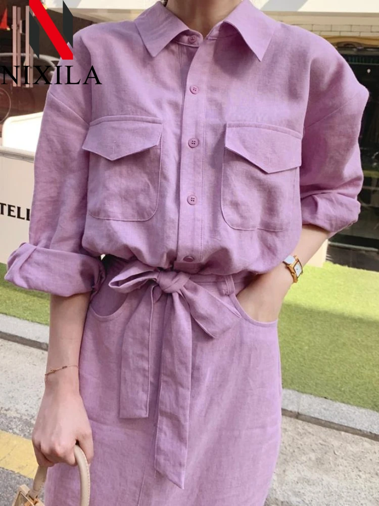 Wiosna Jesień Turned Collar Shirt Dress dla kobiet Koreańska wersja Moda Długie rękawy Topy Sukienki Odzież damska Streetwear