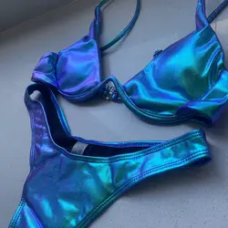 Bikini triangular con estampado holográfico para mujer, traje de baño Sexy con Tanga de realce en color azul, traje de baño Bandage brasileño, microbikini 2022