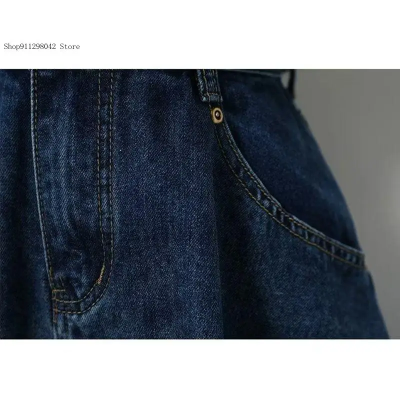 Summer and Autumn Leisure Commuting Dark Blue Loose Slim Fit Denim A-Line Wide Leg Shorts for Women