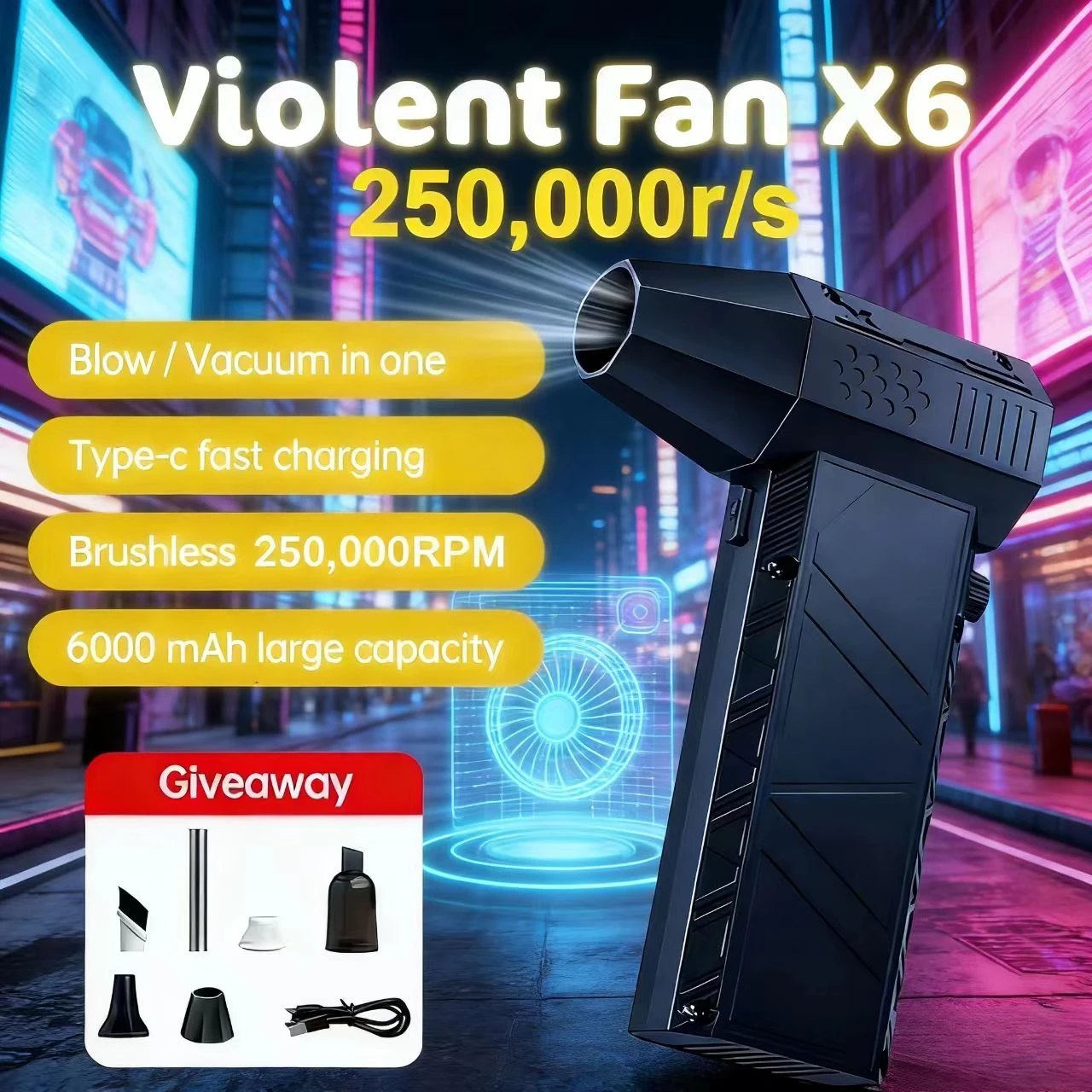

Мощный воздуходувка-пылесос X6 250 000 об/мин, быстрая зарядка, сильный поток воздуха, бесщеточный вентилятор для чистки автомобиля/компьютера