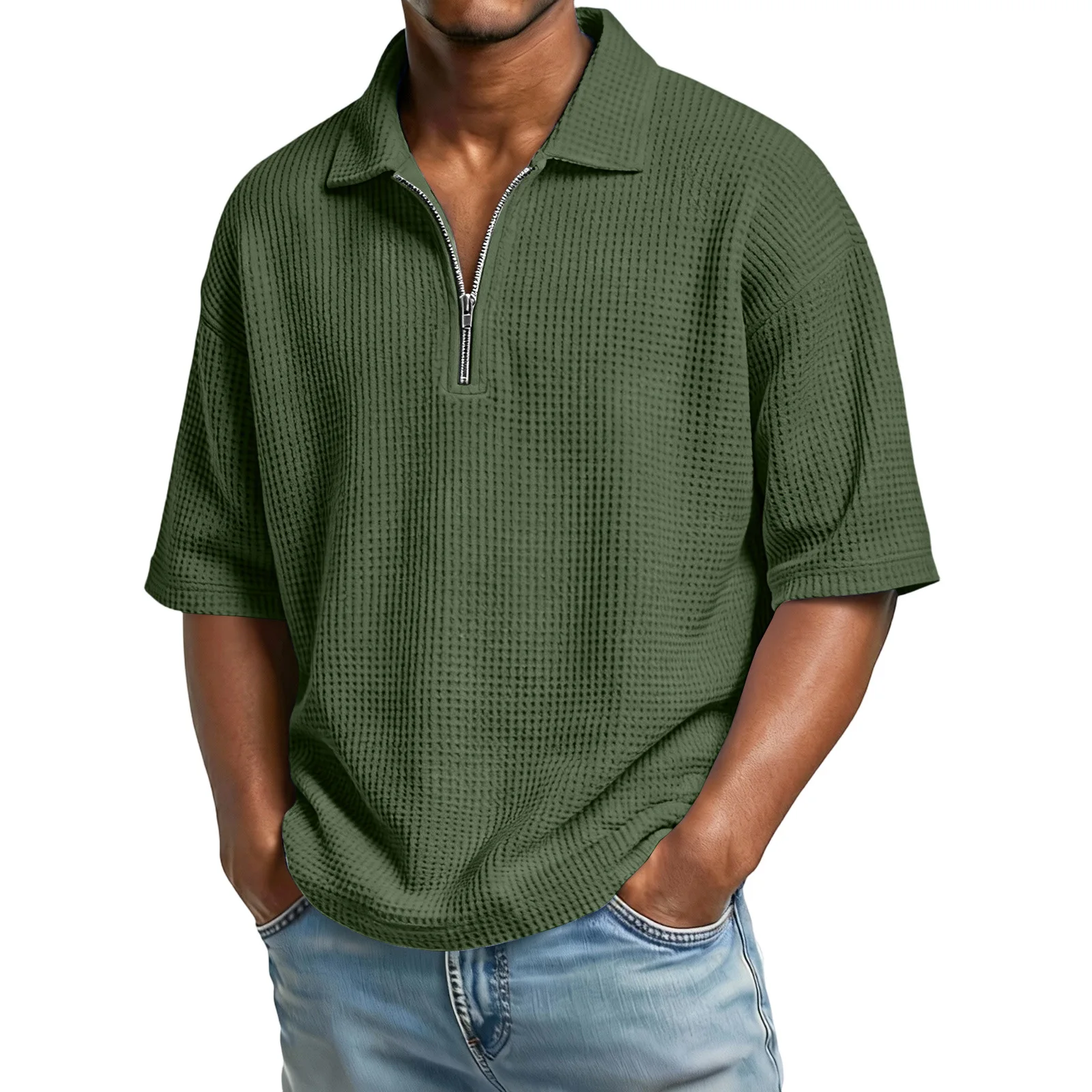 Men's Waffle Summer Solid Color Short-sleeved Lapel Polo Shirt Sports Casual Simple Men's T-shirt