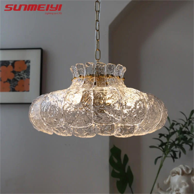 Melting Ice Simple Retro All-copper Glass French Restaurant Lamp American Bedroom Chandelier Light Luxury Designer Bar Lamp