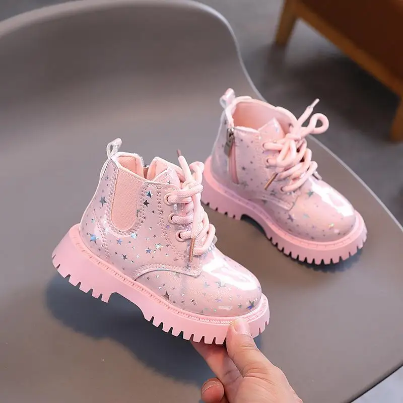 New Children Martine Boots Non-slip Soft Sole Walking Shoes PU Leather Sparkle Boots Lace Up Side Zipper Pure Color Casual Shoes