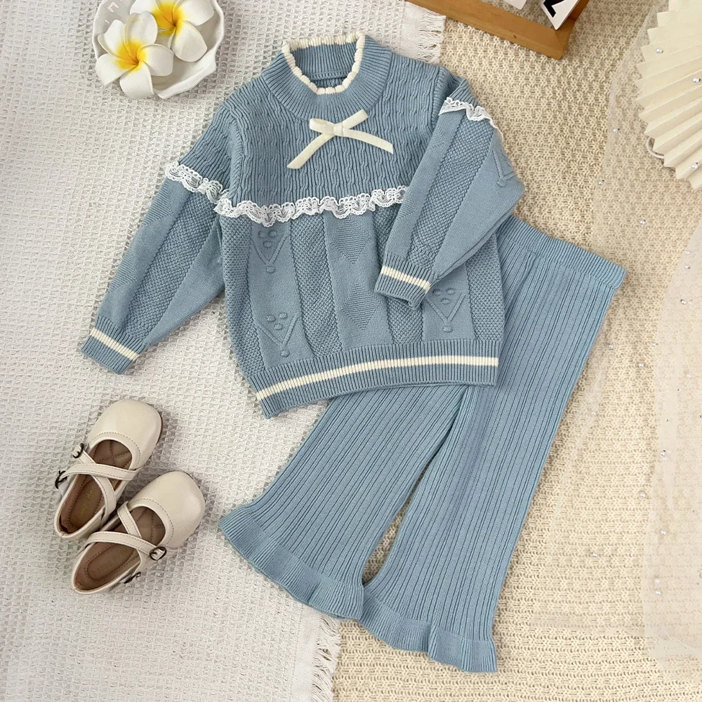 Süßes Rosa Mädchen-Strickoutfit, 2-teilig, Spitze, Schleife, Langarm-Pullover, Schlaghose, Koreanisches Herbst- und Winter-Kinderbekleidungsset 2-6 Jahre – Detail 9