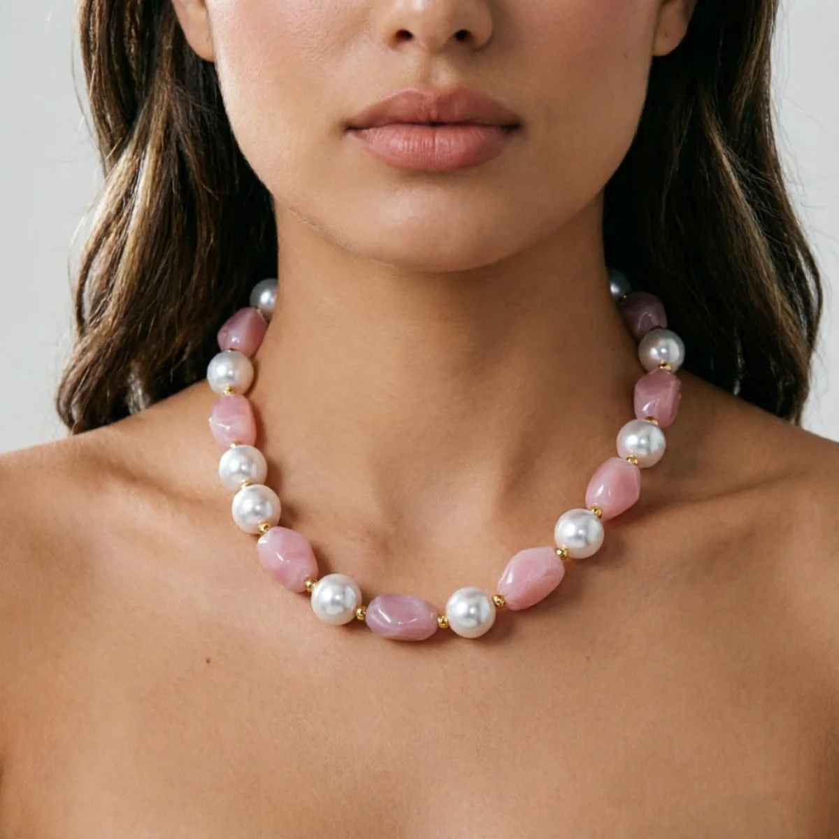 Französische sanfte barocke Halskette mit simulierten Perlen aus rosa Harz für Damen und Herren, elegante, süße, unregelmäßige Perlen, Choker-Schmuck, Geschenk – Detail 15