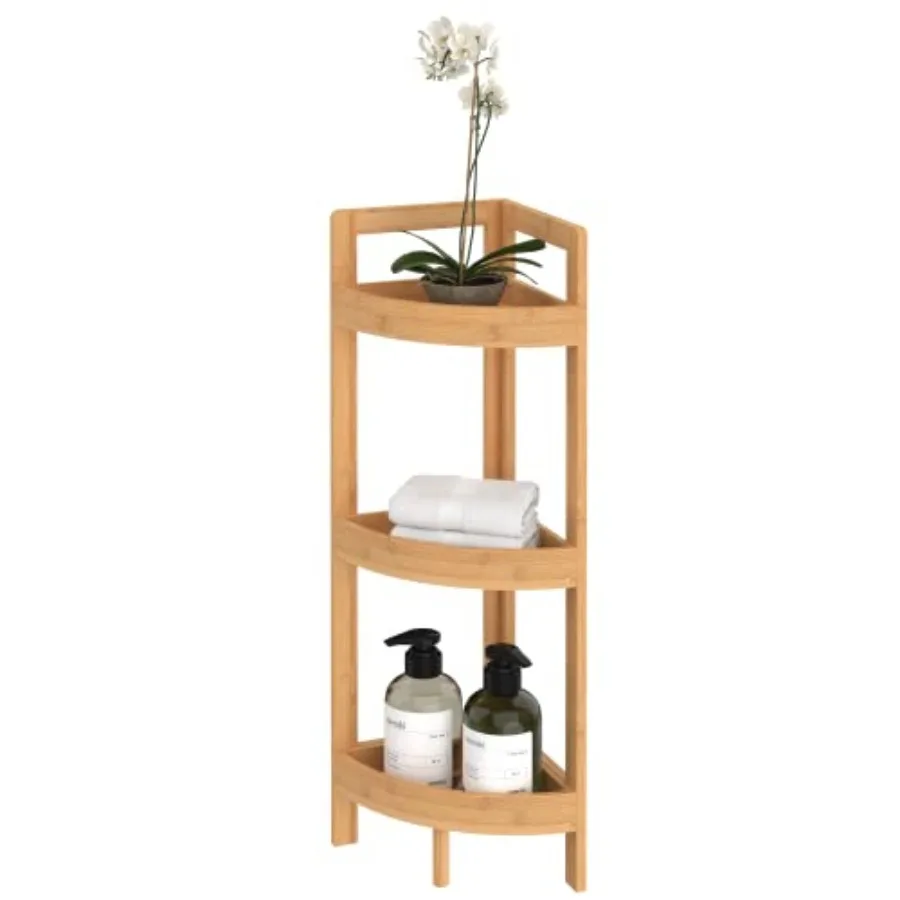 

Corner Shelf 3 Tiers with Display Shelves Floor Standing Bookshelf Small Space Shelving Unit Plant Stand Bamboo Wood