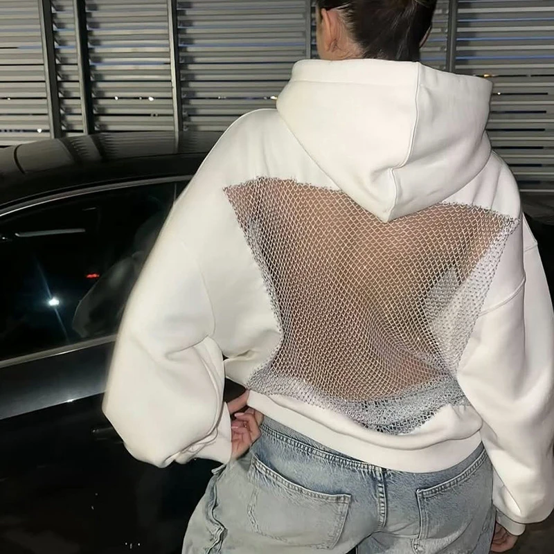 

Trendix Sexy Backless Hoodie For Women 2025 Winter New Fashion See Through Long Sleeve Pullover Party Club Hollow Out Hoodies