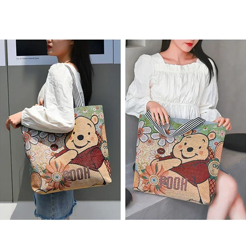 Stitch Mickey Hello Kitty Retro Shoulder Bags Miniso Disney Sanrio Cartoon Canvas Handbags Outdoor Shopping Storage Bag Women - Image 6