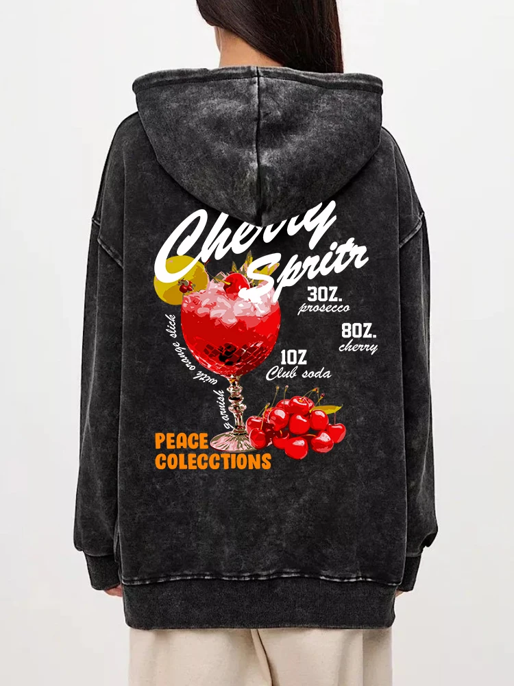 Fashion Womans Washed Hoodie The Cherry Sprits Printed Streetwears Warm Cotton Oversize Pullovers Autumn Winter Couple Clothes