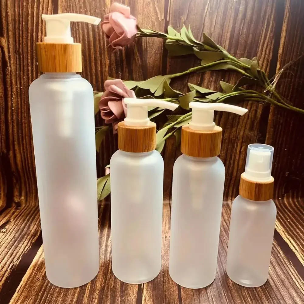 

eco friendly Natural bamboo bottle empty cosmetic PET bamboo bottle lid Amber frosted clear Bamboo Body Lotion Pump PET Bottle