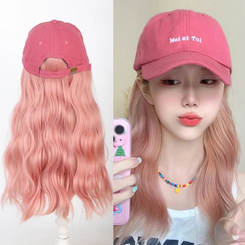 Pink Baseball Cap Seamless Connection Hair Extensions Synthetic 18inch Fluffy Long Wave Wig Hats for Women Adjustable Cap Wigs