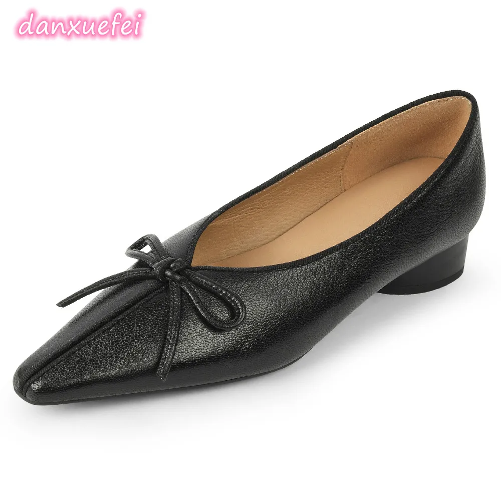 

danxuefei women's genuine leather pointed toe slip-on flats elegant shoes sweet bowtie casual female daily footwear shoes women