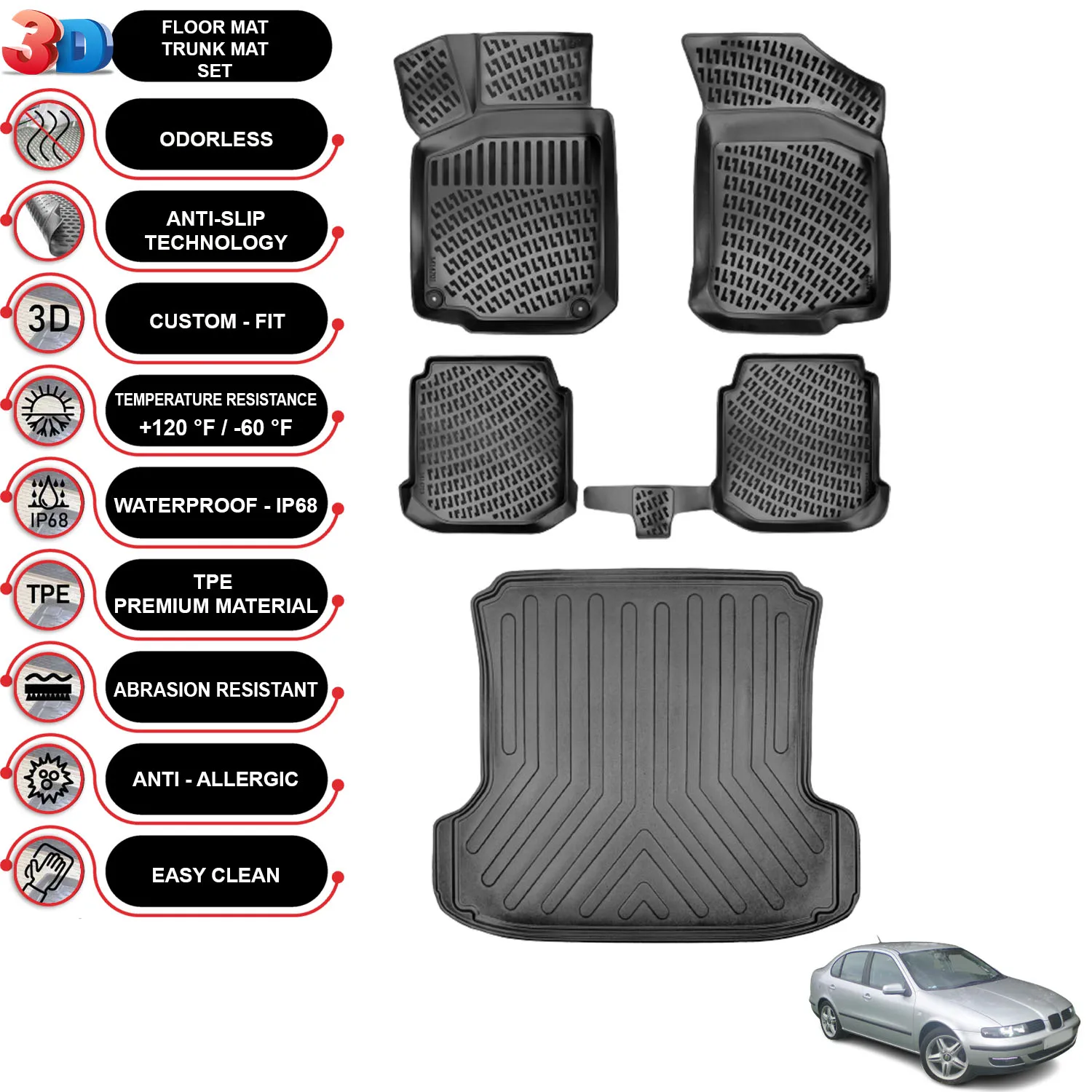 Seat Toledo - (1998-2004) - Floor Mats + Cargo Trunk Liner - SET - (Black)