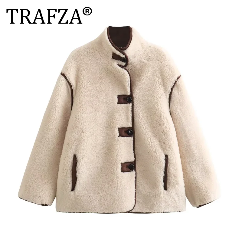 

TRAFZA Y2K Turtleneck Fleece Woman Top Coats Female 2024 Thick Warm Loose New Outerwear Ladies Beige Long Sleeve Casual Jackets