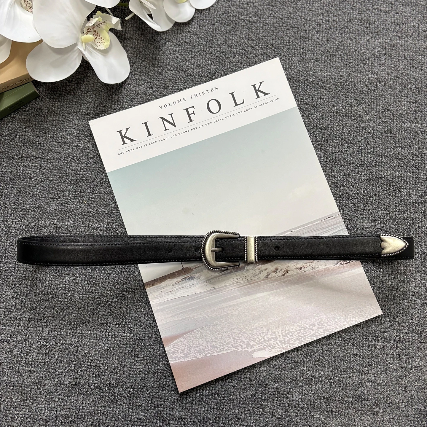 Ancient Silver Needle Buckle Genuine Leather Slim Decorated Belt Black Calfskin Casual Belt for Women