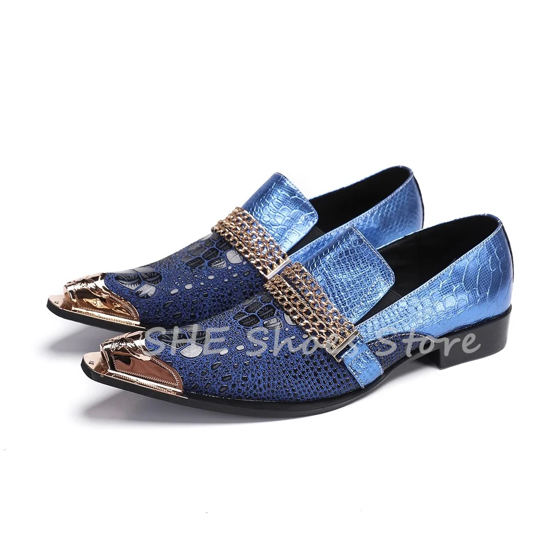 Bule Splicing Metal Pointed Toe Loafers for Men Summer Breathable Leisure Leather Shoes Chain Decor Male Party Dress Oxfords