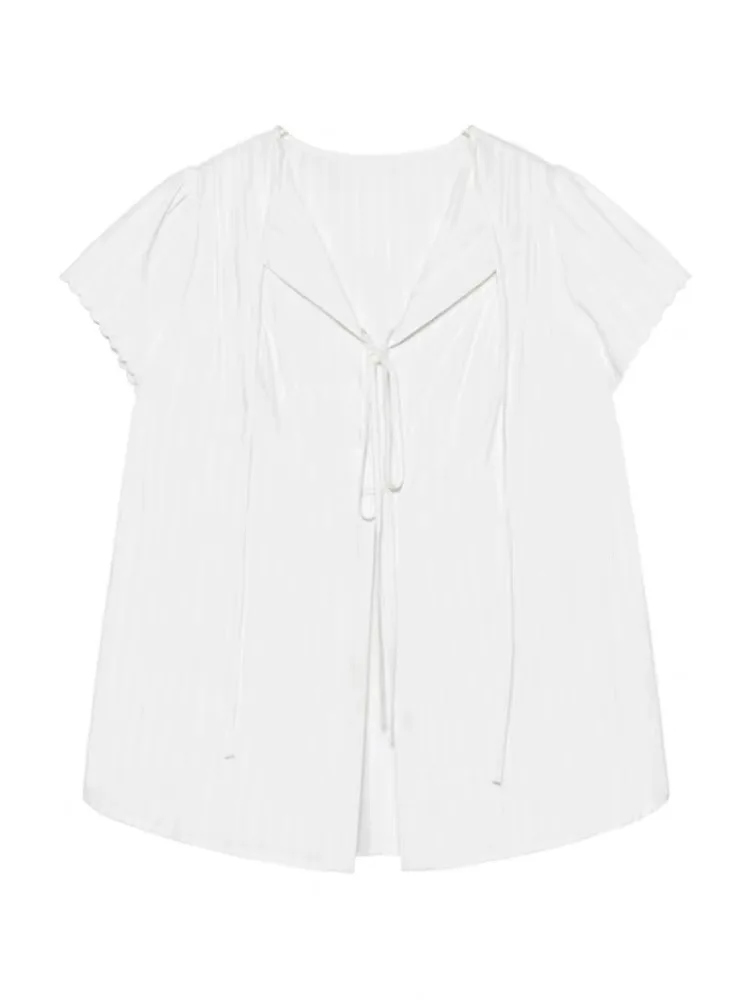 Deeptown Vintage White Women Blouses Elegant Lace Up Shirt Cardigan Casual Sweet Loose Short Sleeve Summer See Through Cover Up