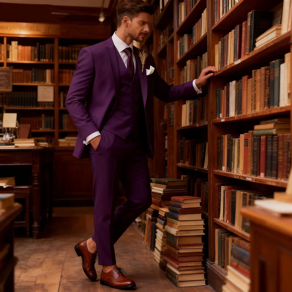 

Italian Men's 3 Piece Tuxedo Navy Blue Jacket Slim Fit Wedding Groomsmen Suit With White Vest And Lapel Cufflinks