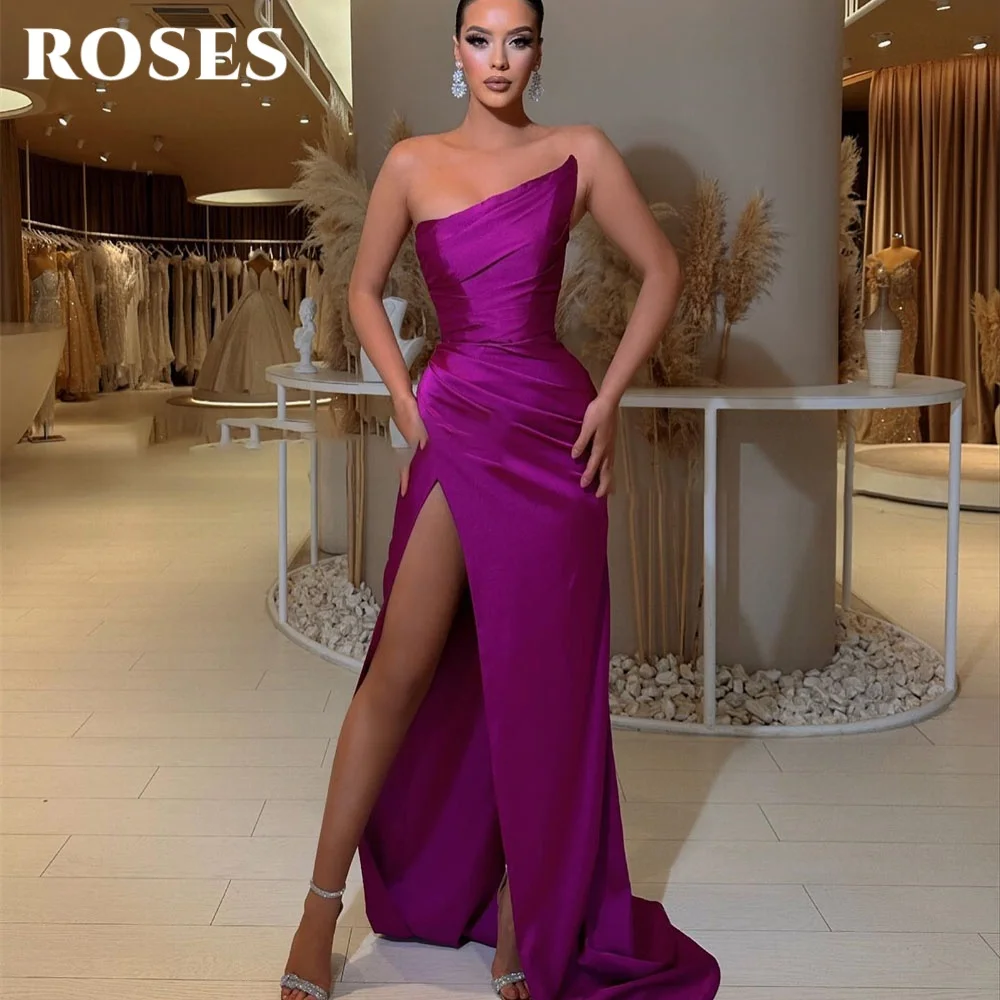 ROSES Purple Elegant Prom Gown Asymmetric Sleeveless Prom Dress for Woman Satin Side Split Mermaid Evening Dresses Customized