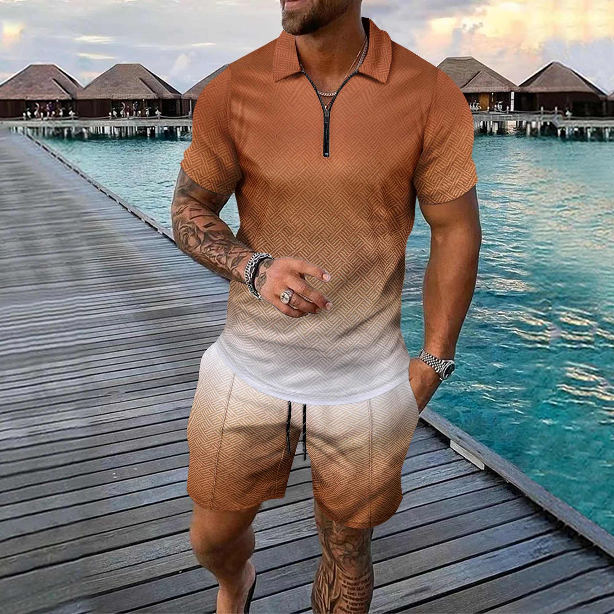 Bild 3: Interessantes Herren-Kurzarm-Set mit 3D-Karomuster, modischem Reißverschluss-Poloshirt und Shorts, lockeres Sommer-T-Shirt-Set