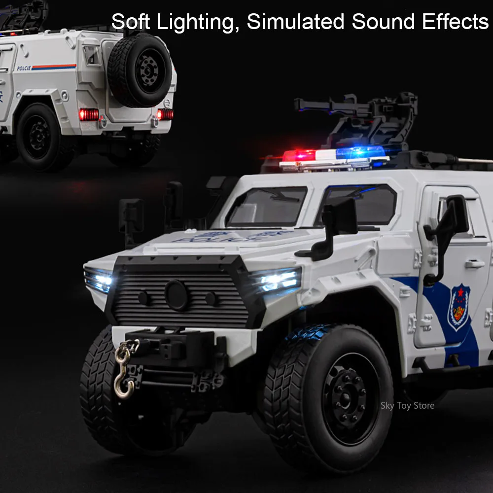 1:20 Alloy Dongfeng Mengshi Armored Vehicle Diecast Car Toys Models Doors Opened Sound Light Pull Back Police Cars Friend's Gift
